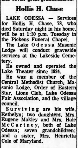 June 1967 hollis chase passes on Lake Theatre, Lake Odessa